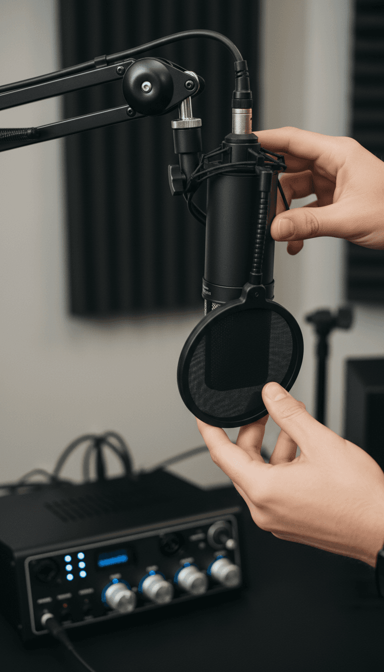 Hands adjusting a studio microphone on a boom arm