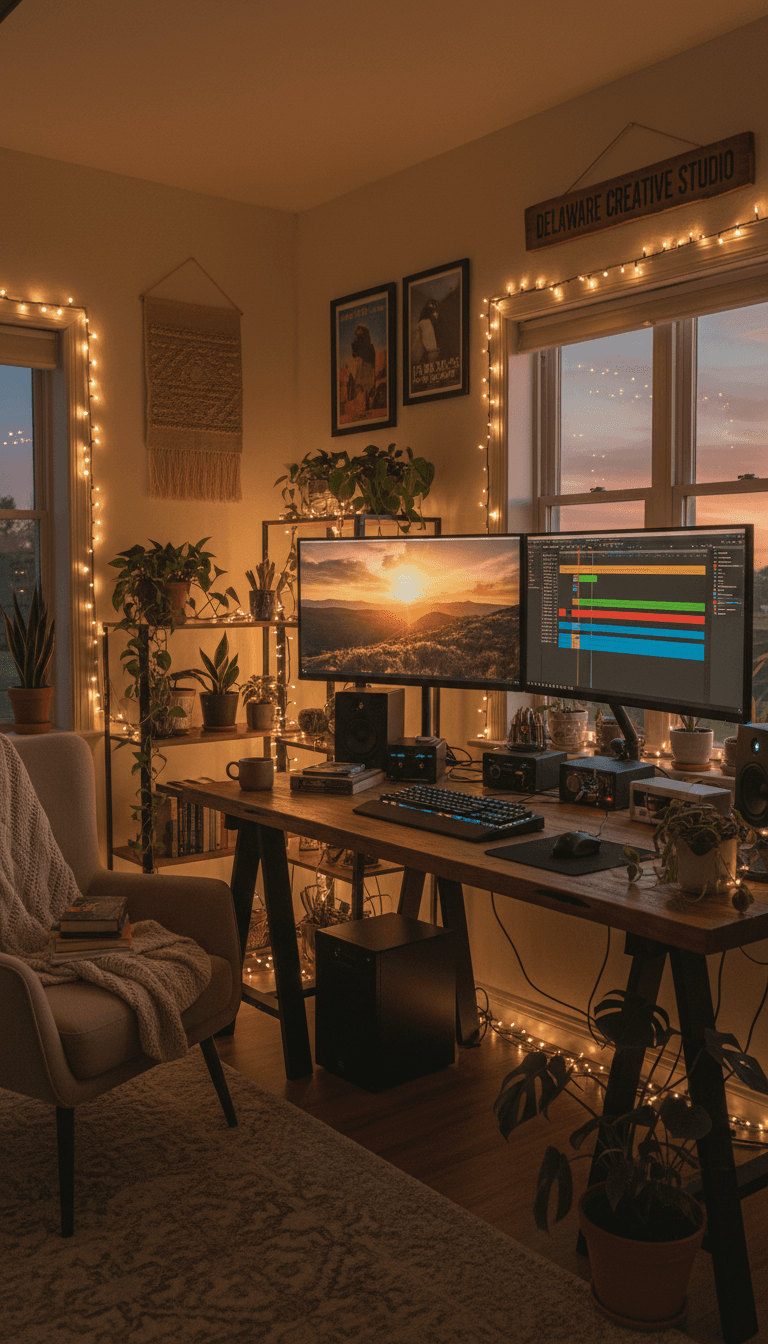 Editing suite at dusk with dual monitors showing a final video cut
