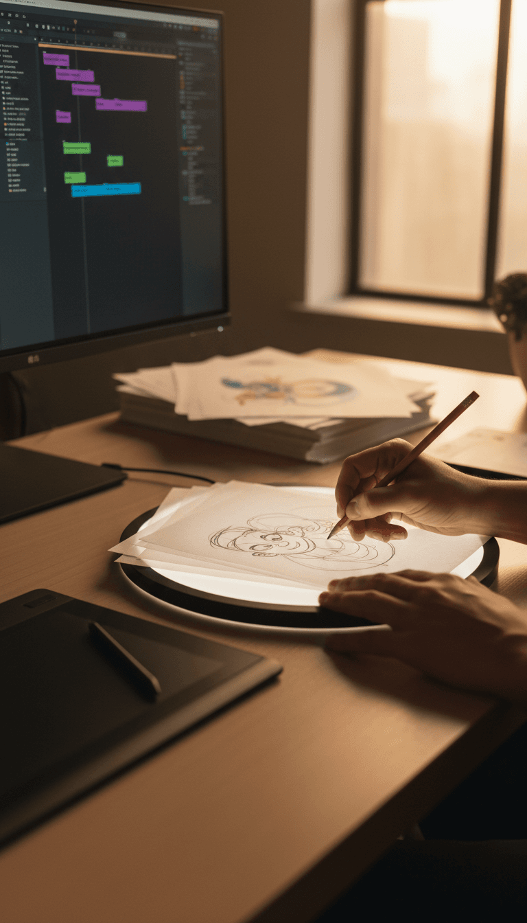 Animator's hands sketching character frames on a lightbox in a studio