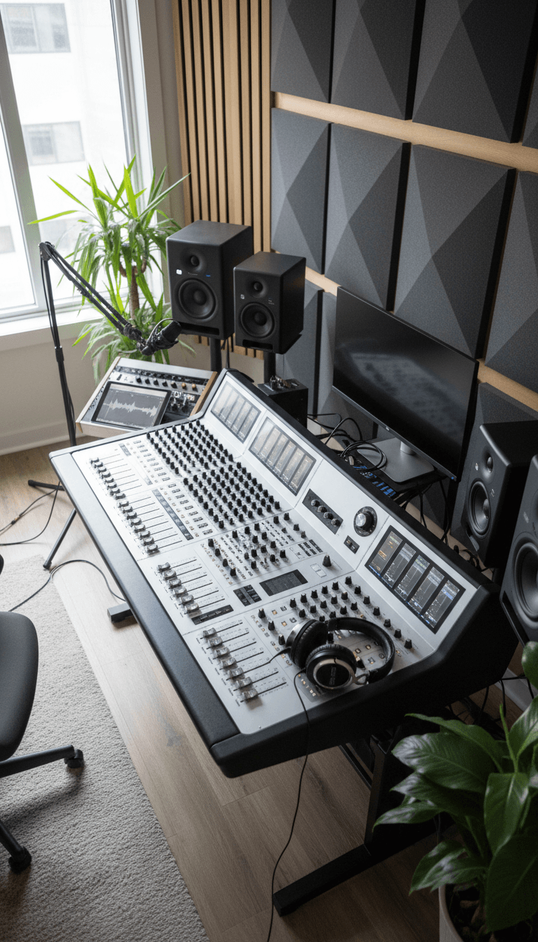 Mixing console and headphones in a home recording studio