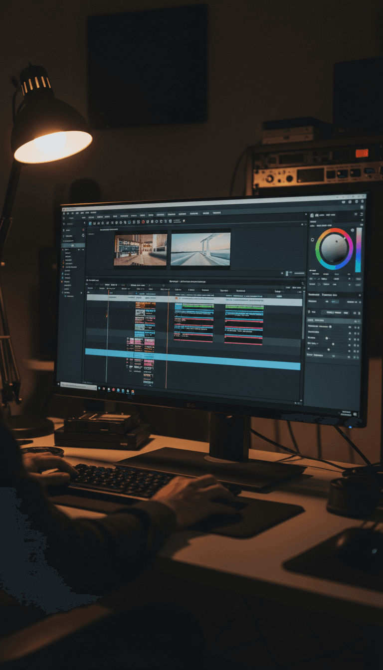 Video editing timeline on a monitor with color grading tools