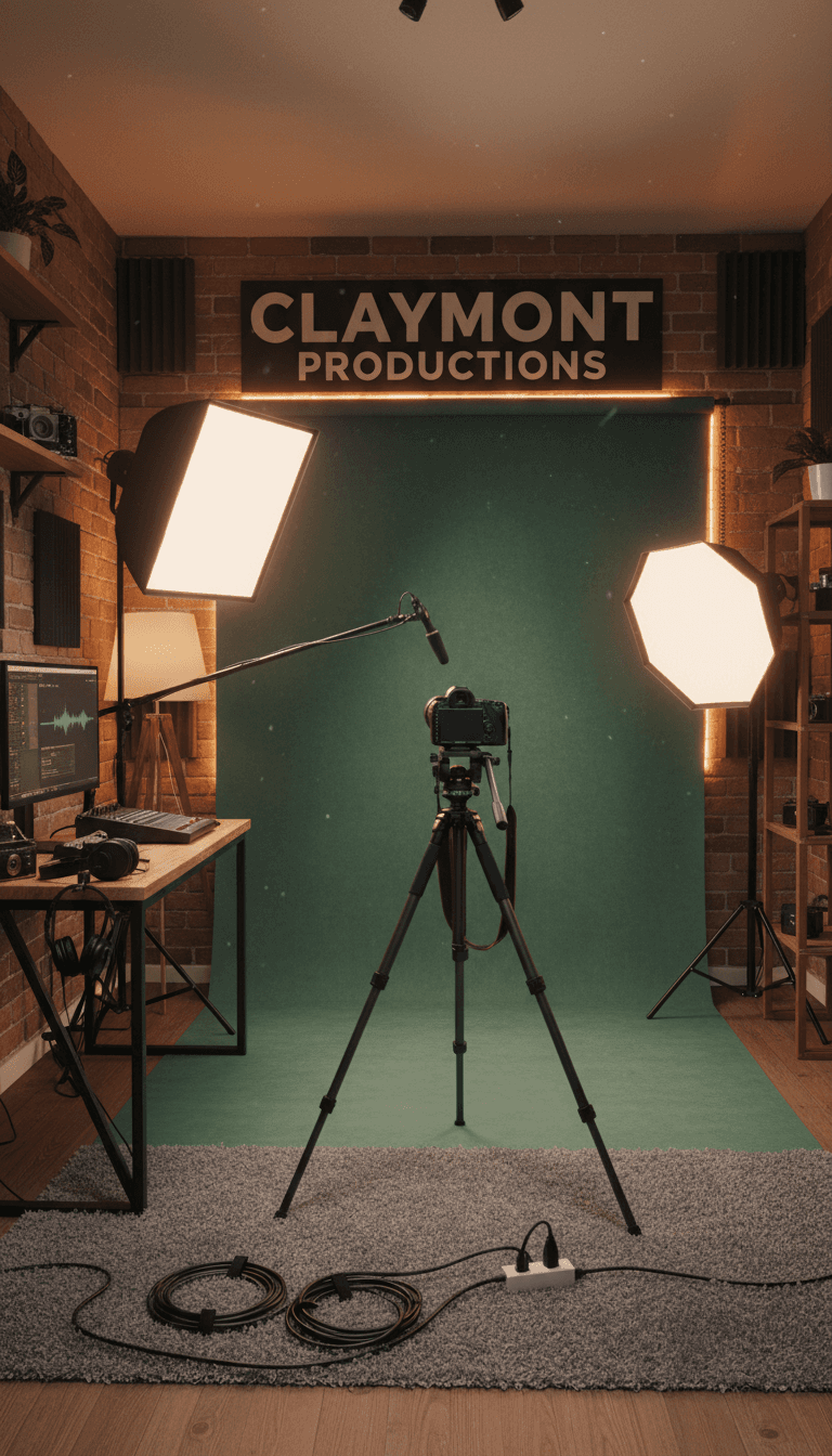 Home studio with camera, tripod, and softbox lighting