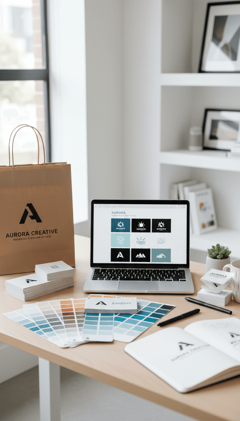 Workspace with brand design mockups and a laptop