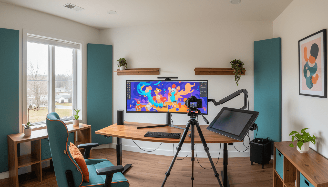 Modern creative studio workspace with monitor displaying 2D animation