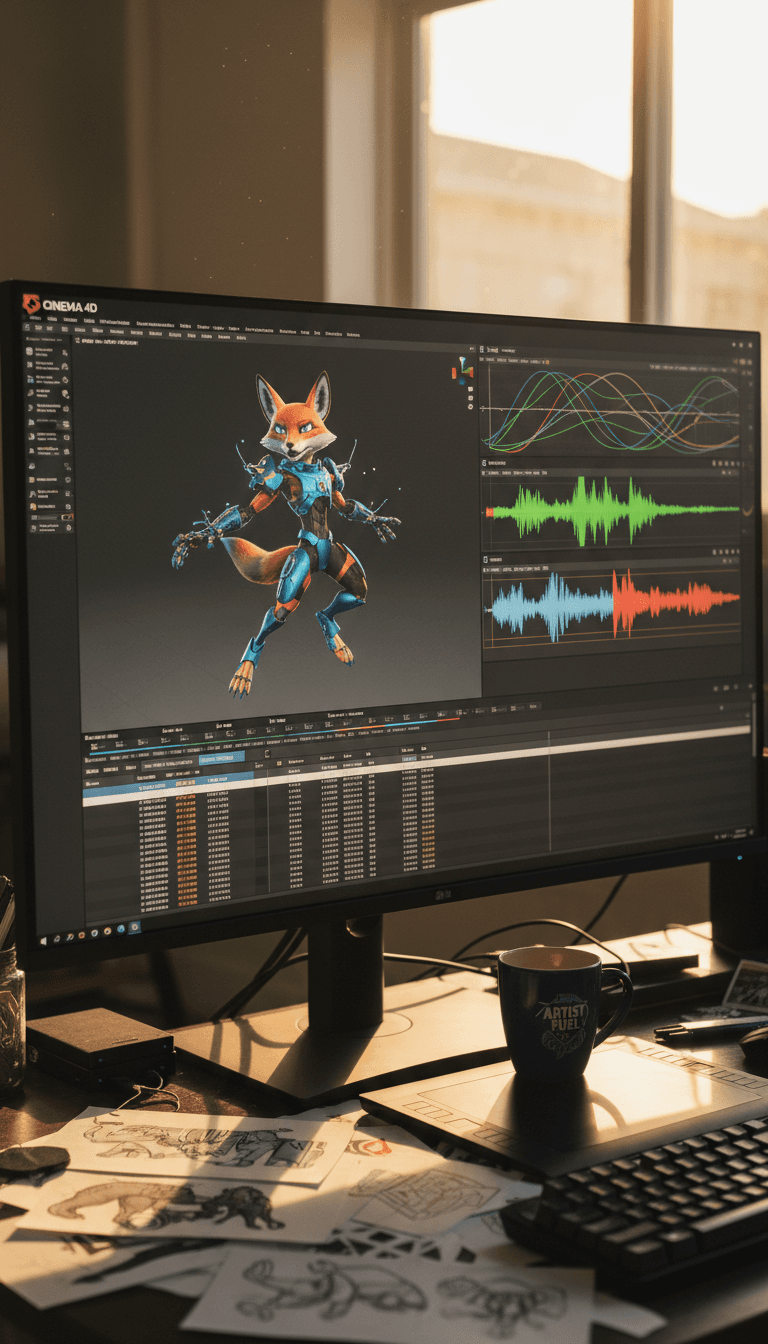 Computer screen showing an animated character rig and animation curves
