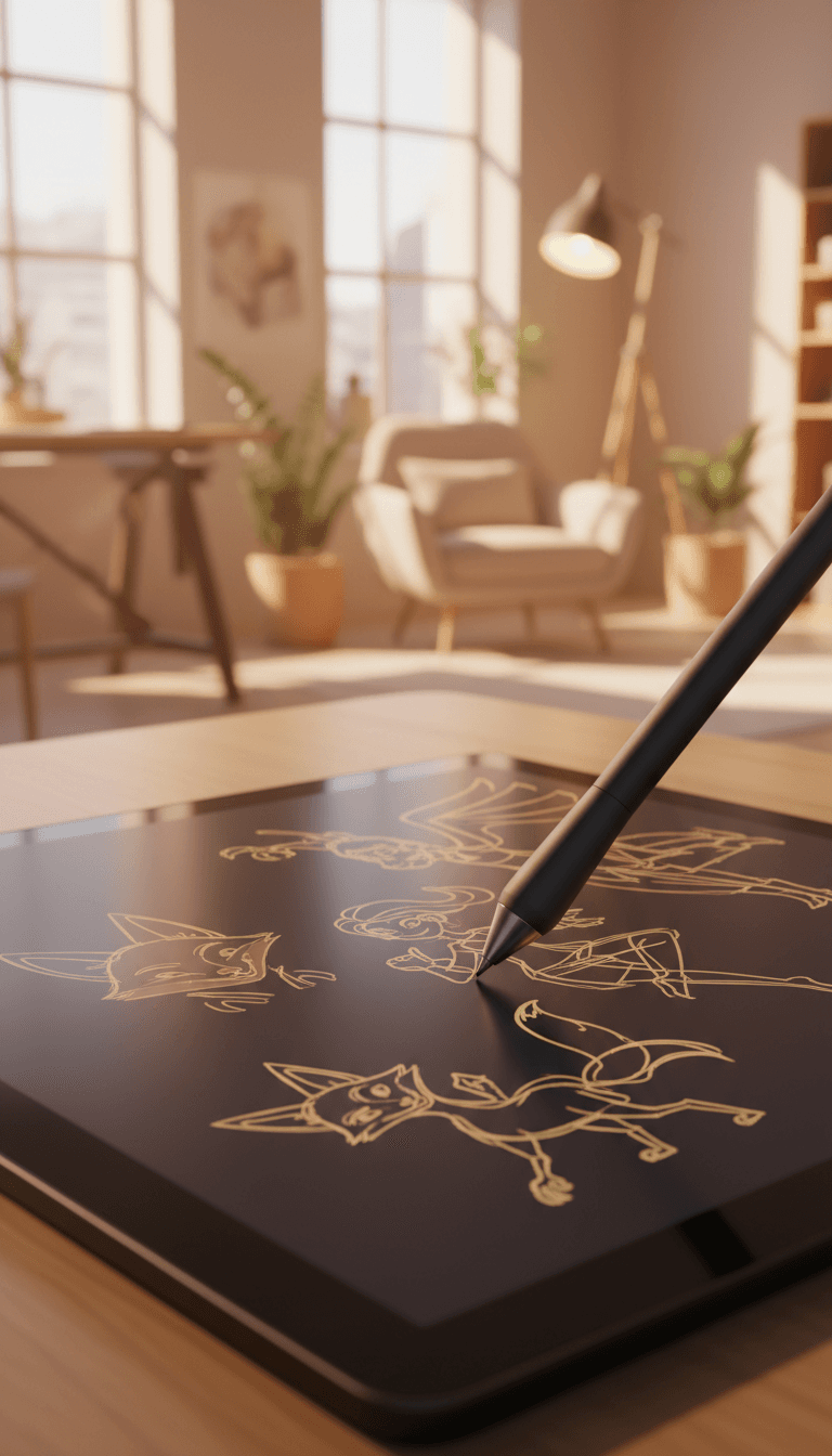 Stylus drawing a 2D character on a tablet screen