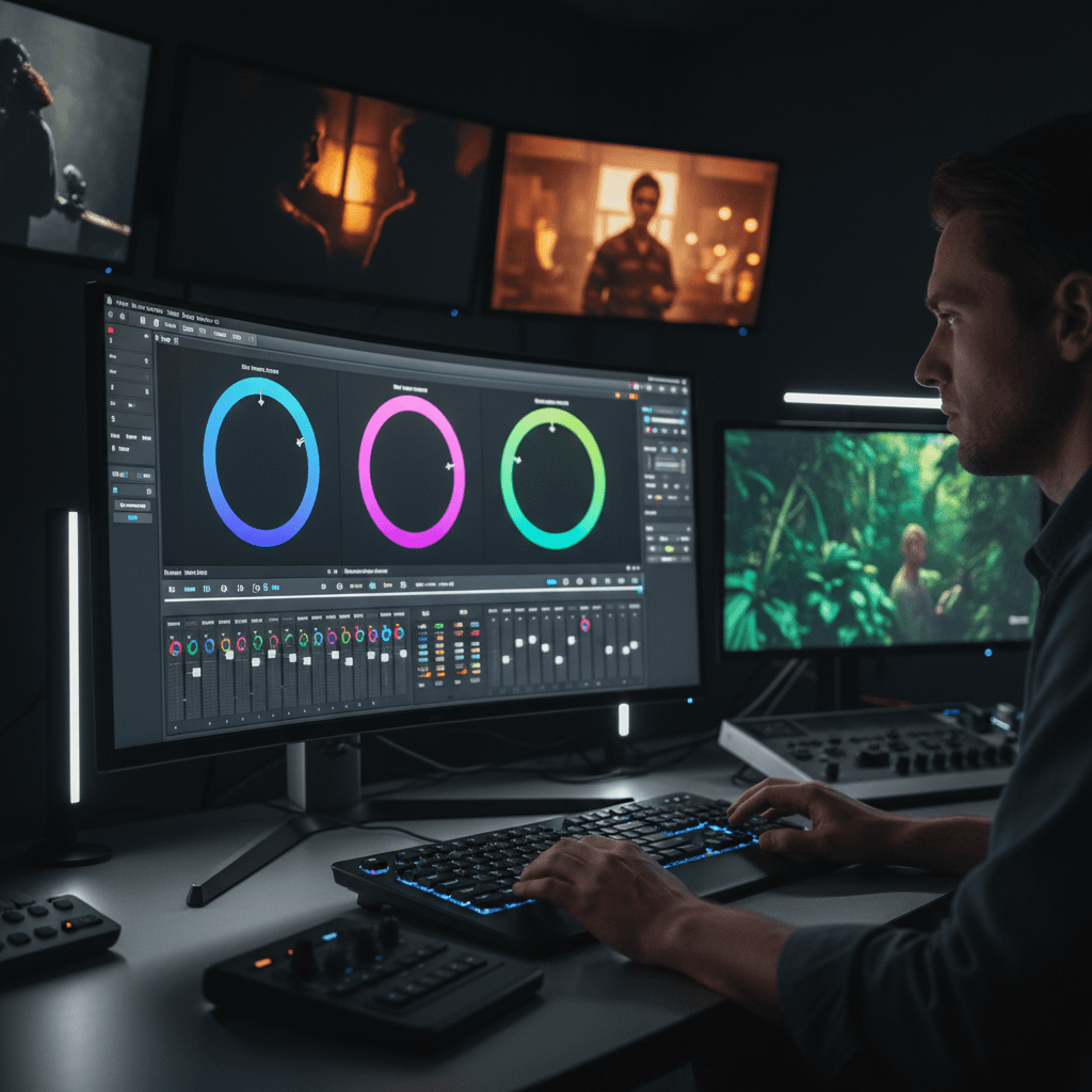 Video editor's timeline with color grading tools on a monitor in a dark studio