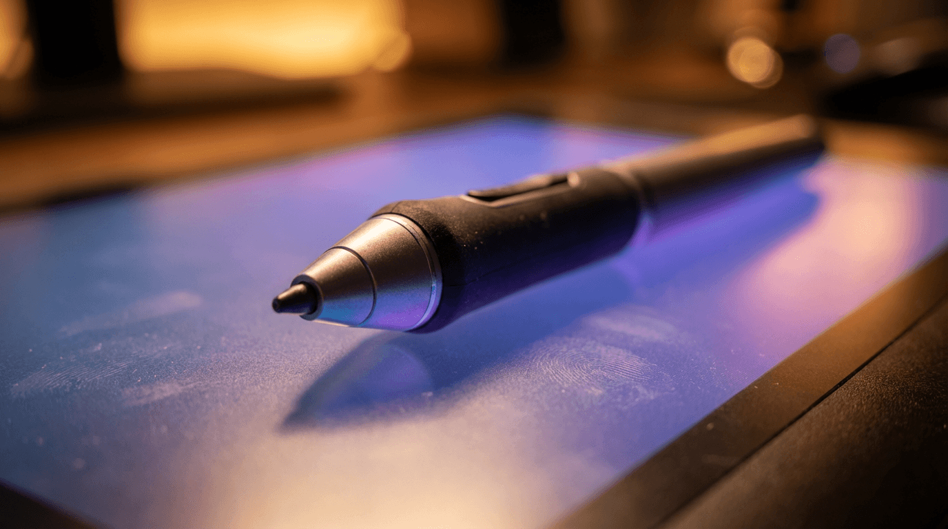 2D animator drawing a character frame on a digital tablet in a dark studio