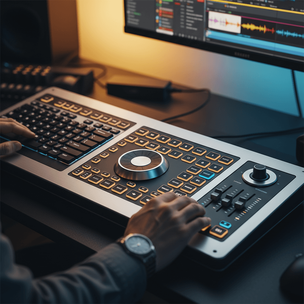 Hand adjusting a jog wheel on an editing console