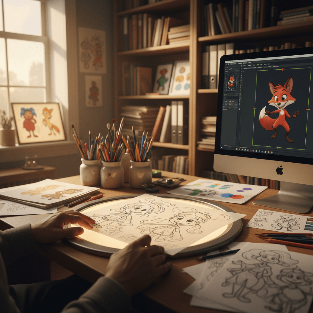 Animation desk with character turnaround sheets on a lightbox