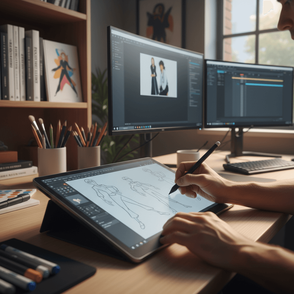 Character animation frame on a drawing tablet with stylus