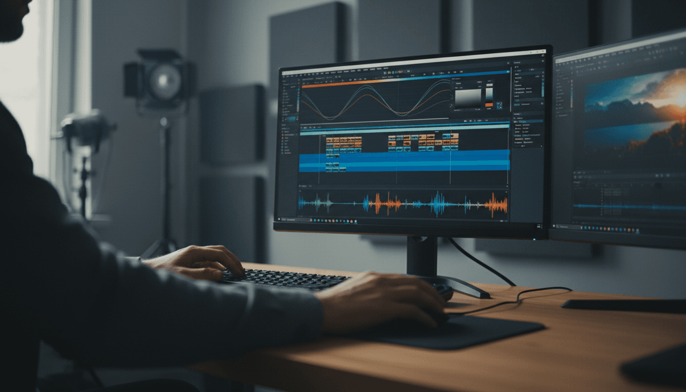 Editor working on a multi-track timeline in a dim studio