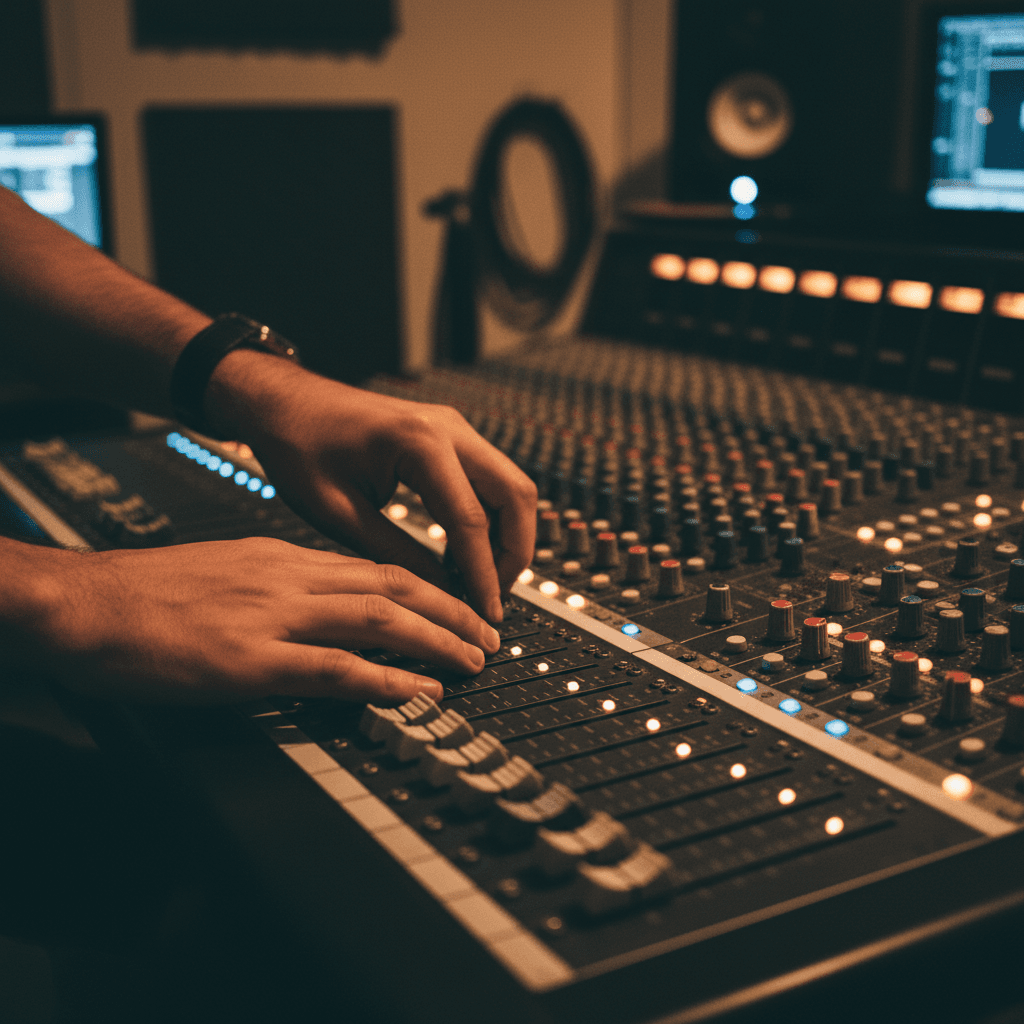 Hands adjusting a mixer faders and microphone