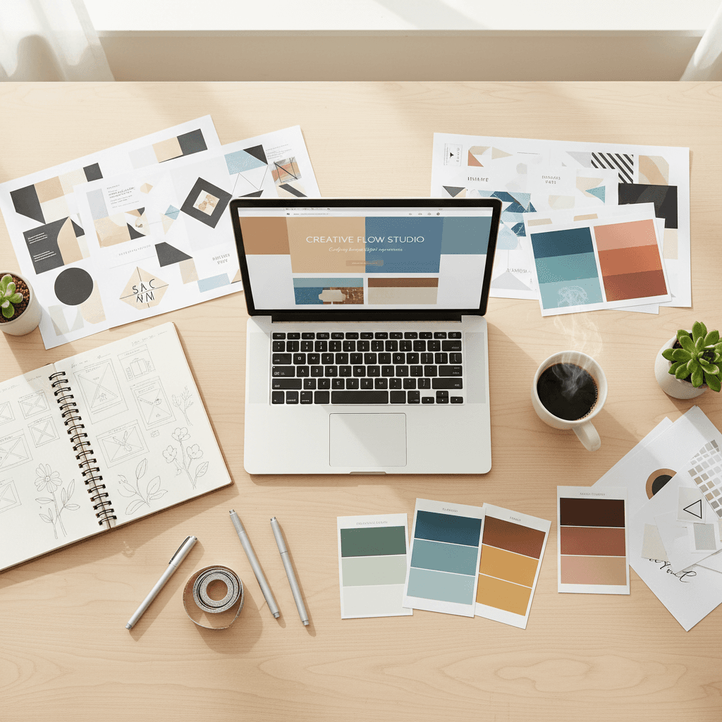 Designer workspace flat-lay with color swatches, brand guides, and printed logo mockups