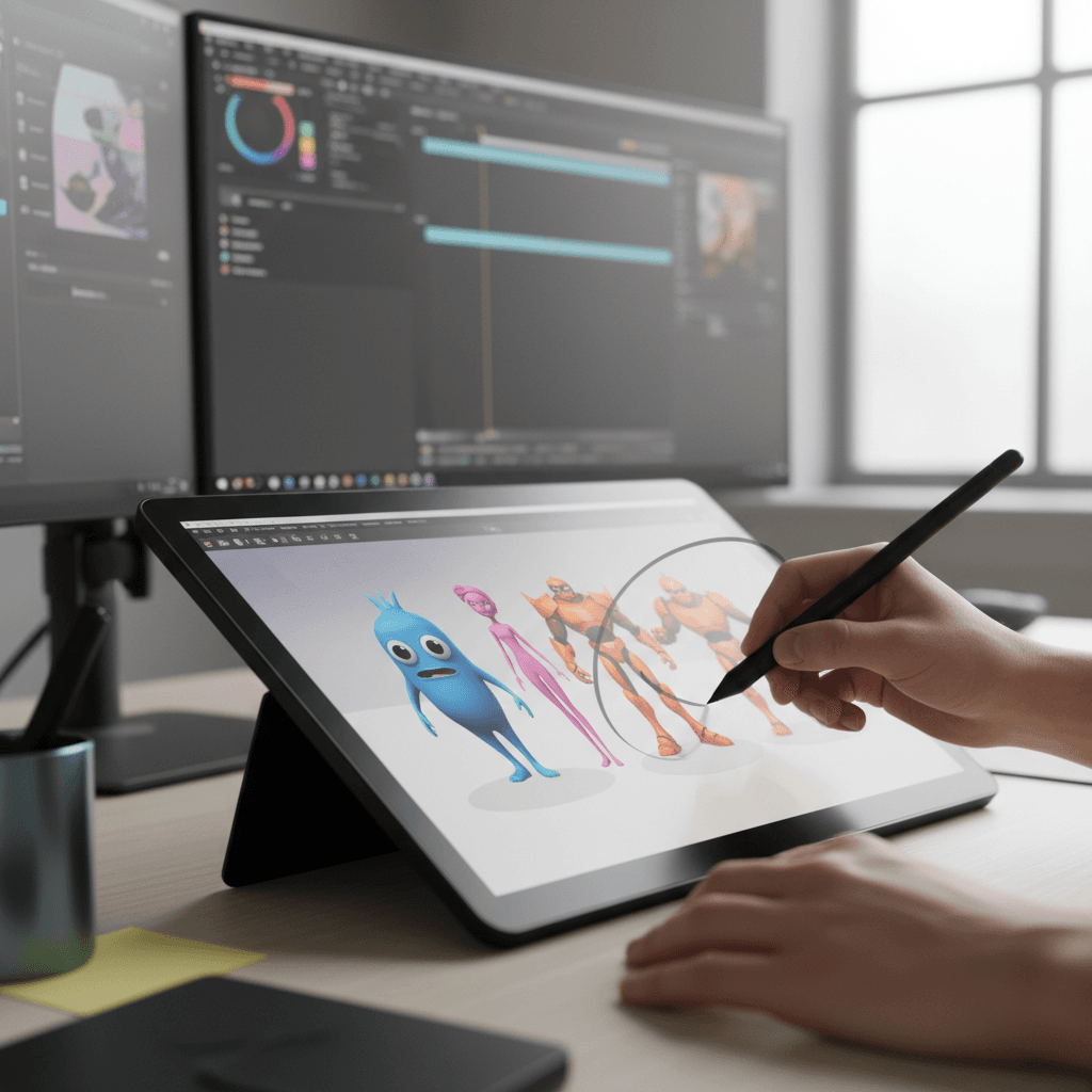 Animator's hand adjusting a character rig on a drawing tablet
