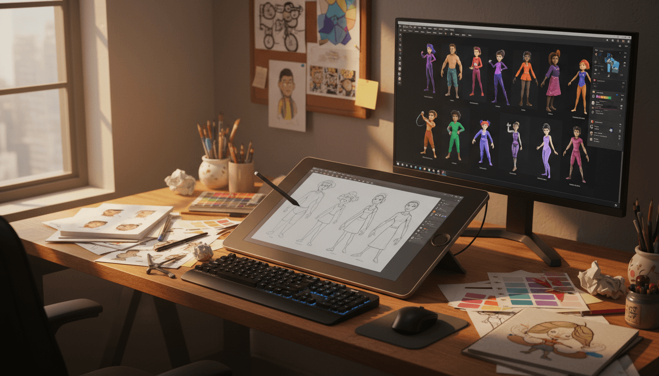 Animator drawing at a desk with reference video on screen