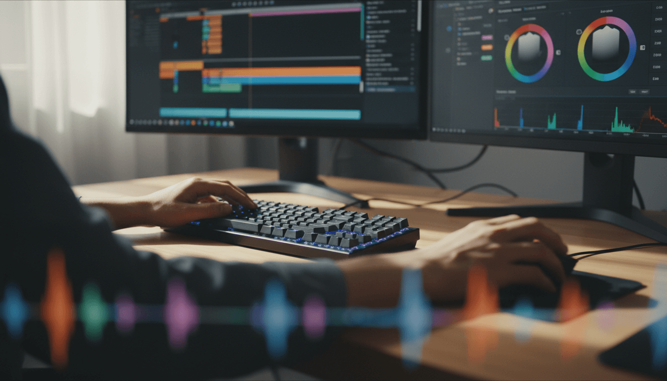 Hands fine-tuning a video editing timeline