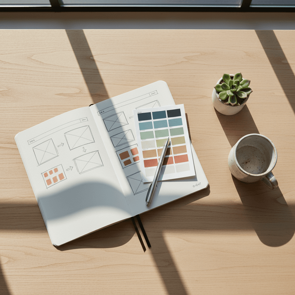 Designer's desk with color swatches and wireframe sketches