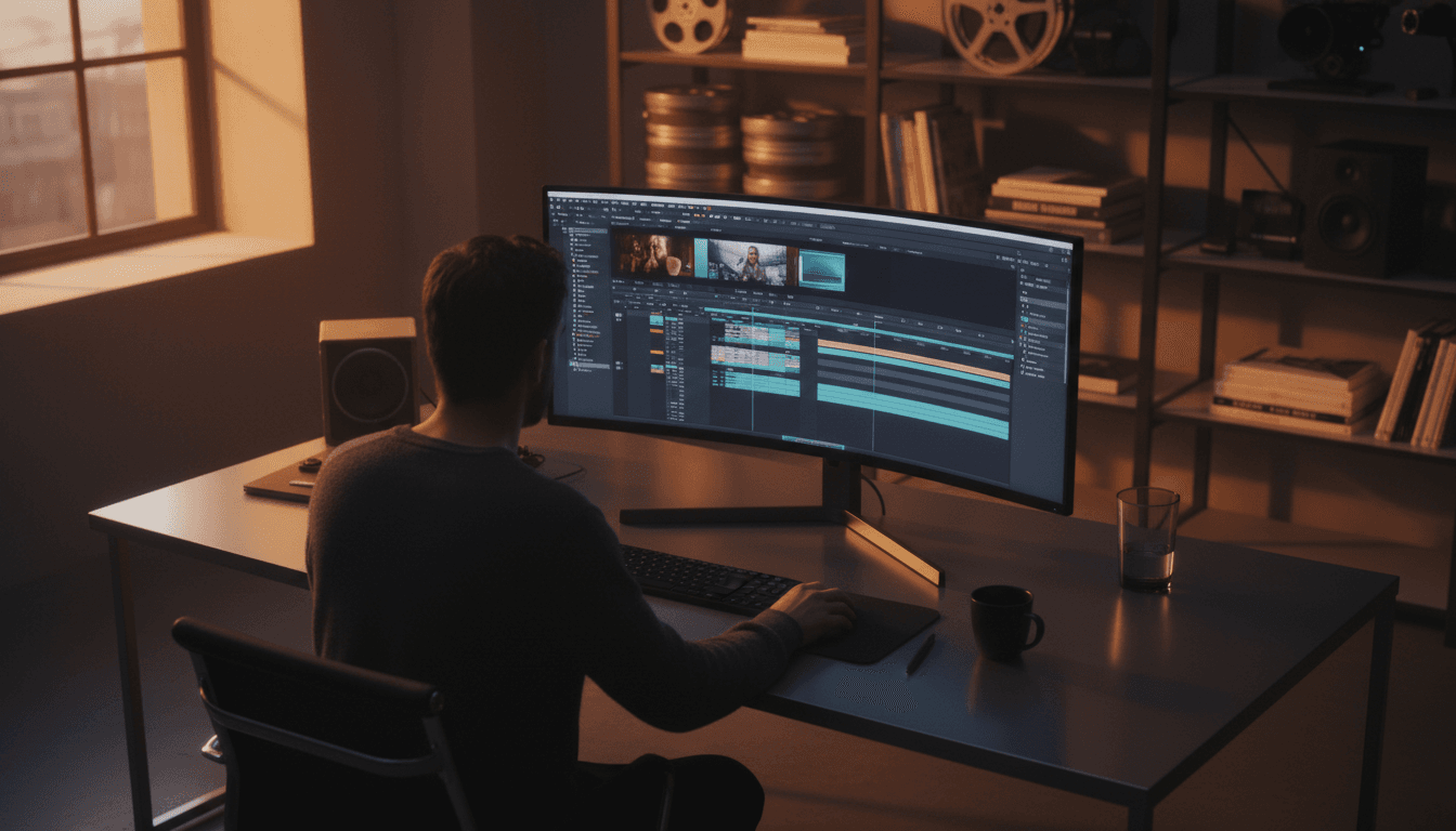 Creative studio workspace with monitors showing animation and editing software