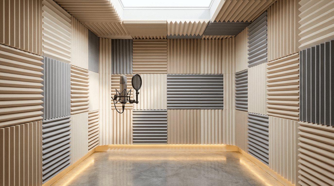 Studio headphones on a stand in a soundproofed room