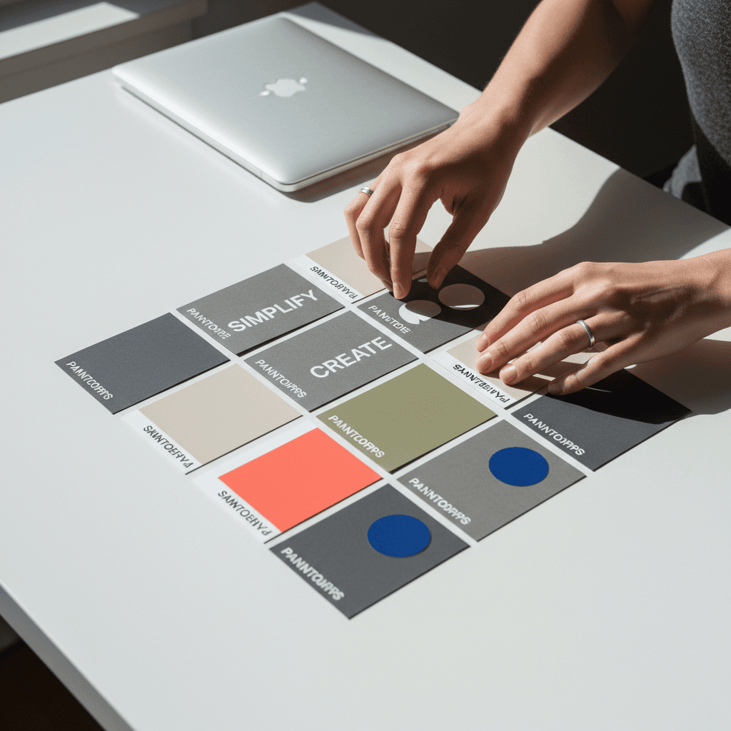 Designer sorting print proofs and color swatches