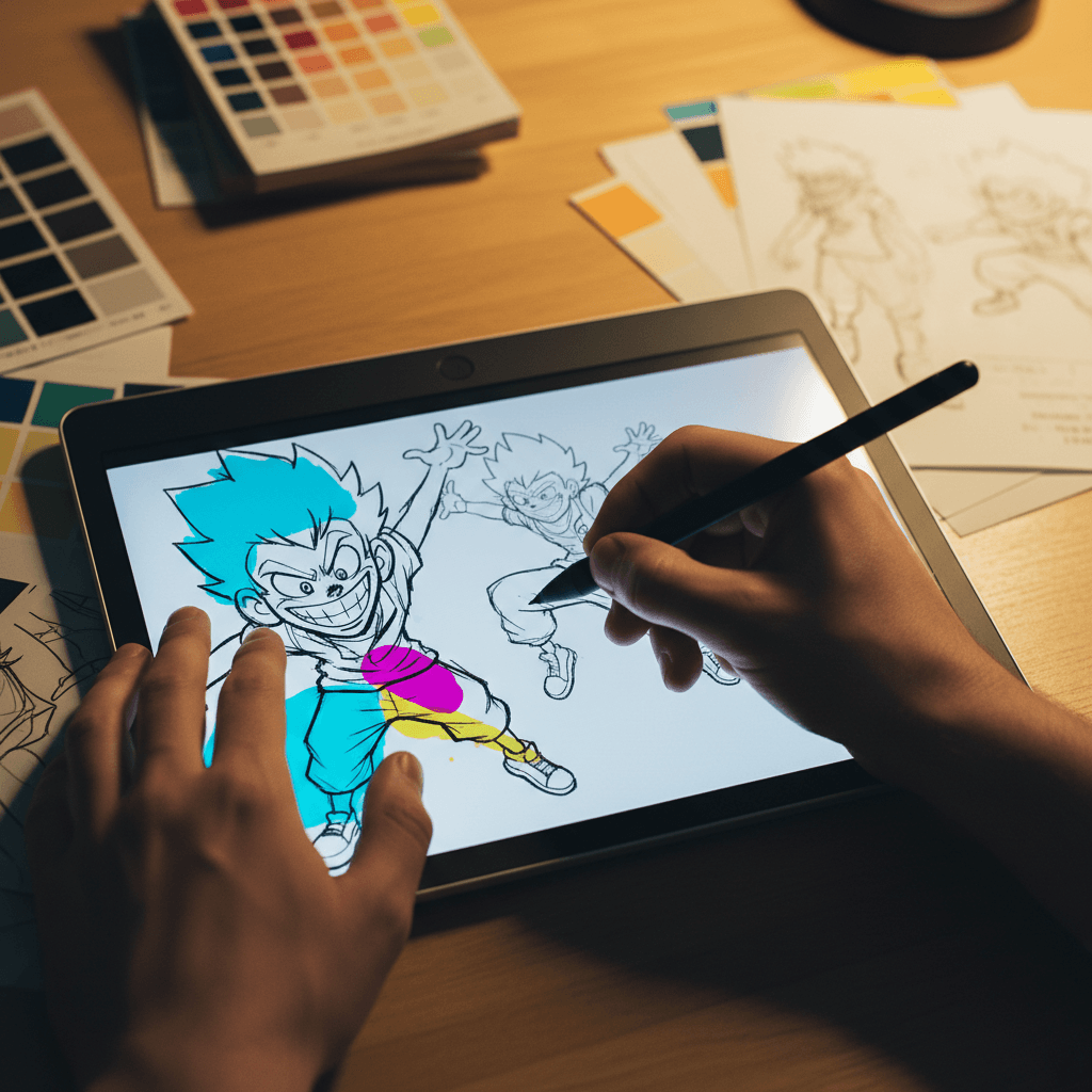 Animator adjusting a character rig on a drawing tablet