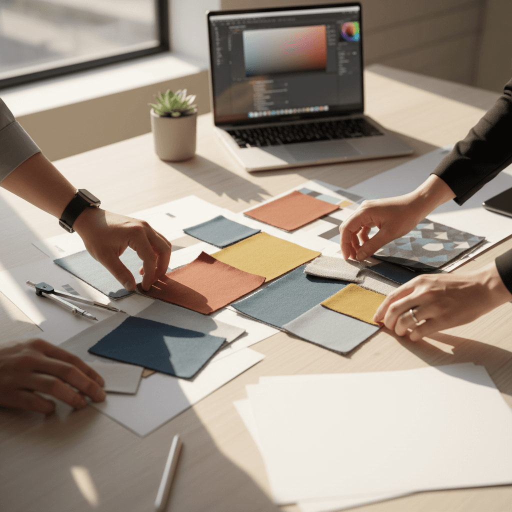 Overhead view of a graphic designer's workspace with layout and color swatches