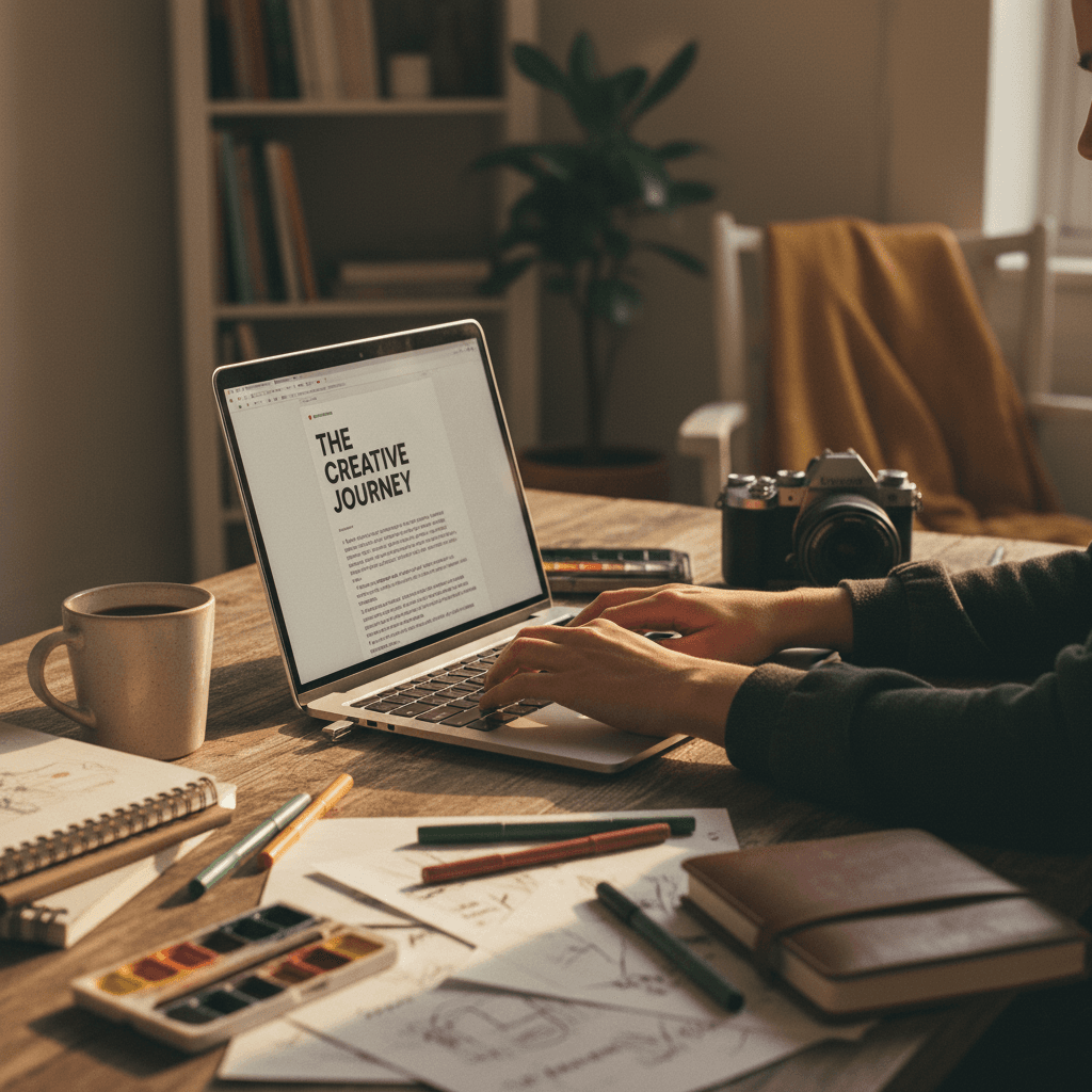Creative studio workspace with a person working at dual monitors