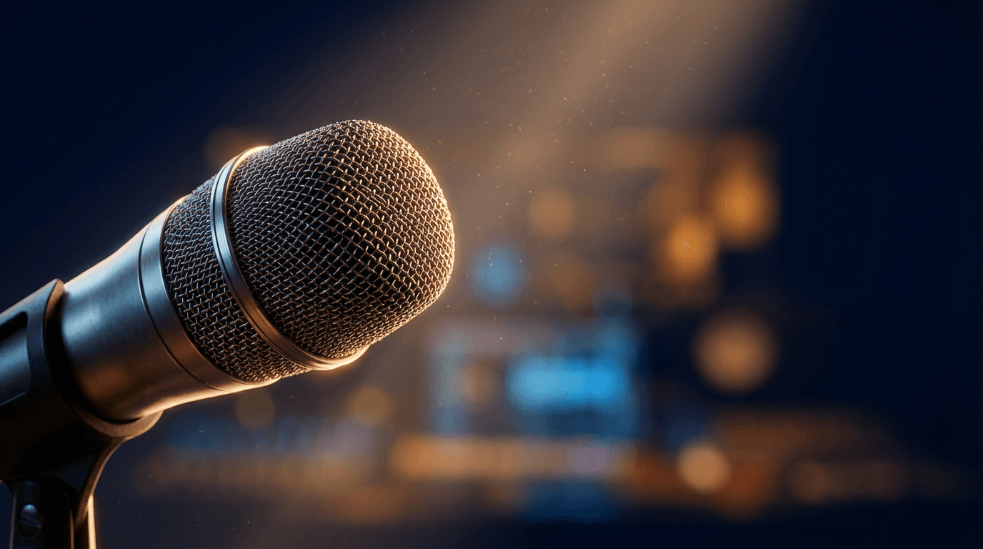 Studio microphone with pop filter in a sound-treated room